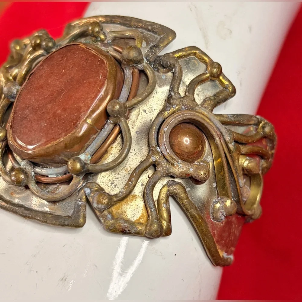 Vintage Brutalist Mixed Metal and Jasper Or Agate Artisan Cuff Bracelet